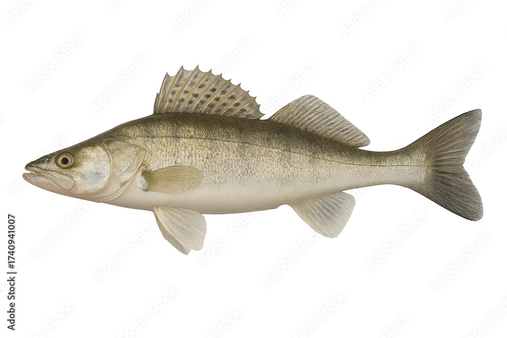 Fototapeta premium Realistic side view of large, silvery fish with high dorsal fin and forked tail