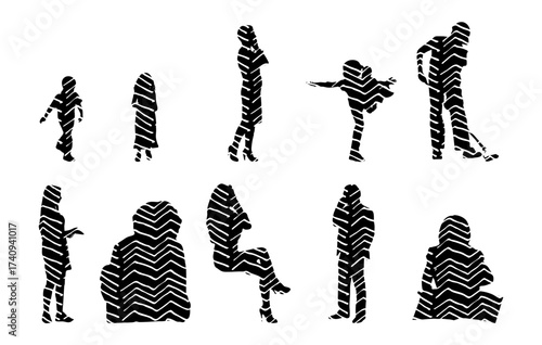 Vector illustration, Outline silhouettes of people, Contour drawing, people silhouette, Icon Set Isolated , Silhouette of sitting people, Architectural set