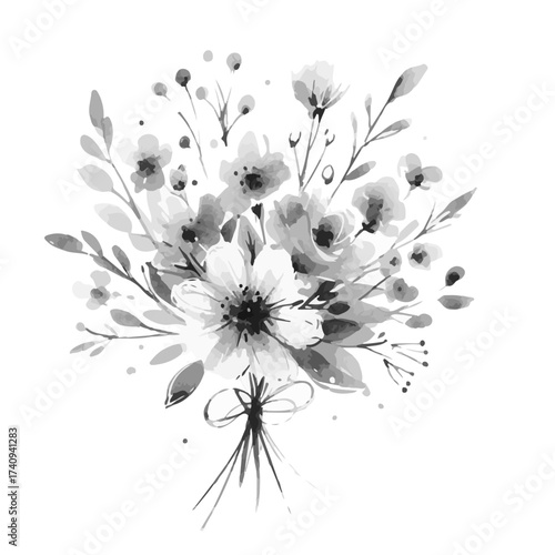 Watercolor floral bouquet with delicate flowers and leaves in shades of gray and white for elegant design