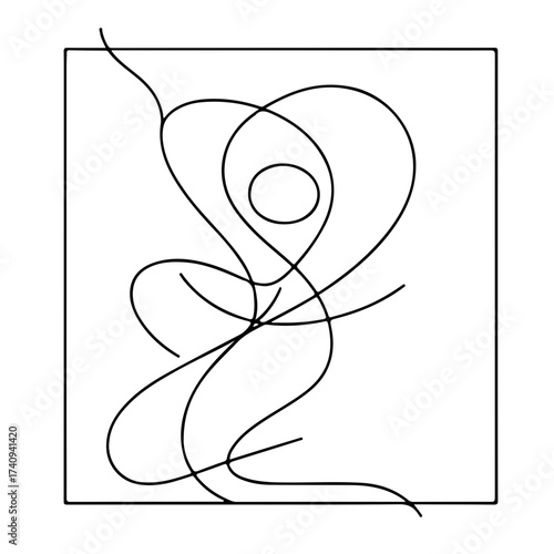Abstract line art composition featuring curved lines and a circle within a square border design element
