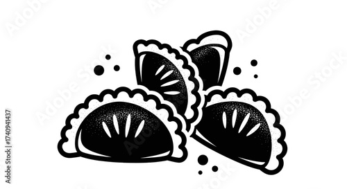 Black and white illustration of delicious pierogi dumplings perfect for culinary projects.