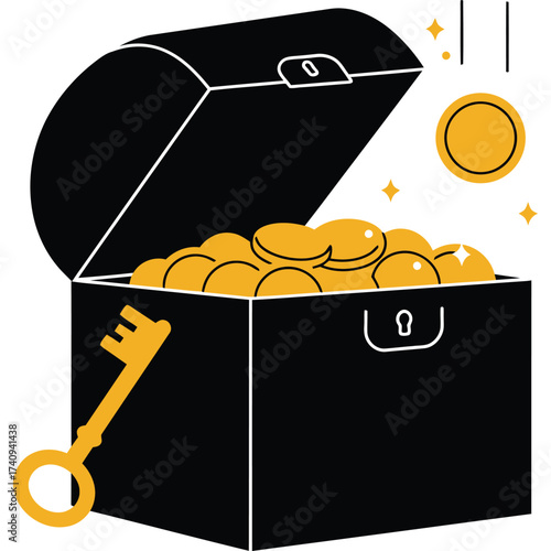Treasure chest with gold coins and key illustration wealth adventure pirate open cartoon graphic design vector drawing clipart isolated