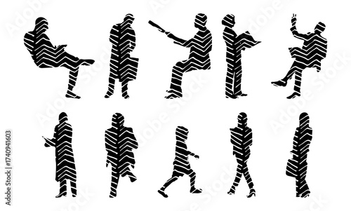 Vector illustration, Outline silhouettes of people, Contour drawing, people silhouette, Icon Set Isolated , Silhouette of sitting people, Architectural set