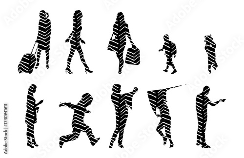 Vector illustration, Outline silhouettes of people, Contour drawing, people silhouette, Icon Set Isolated , Silhouette of sitting people, Architectural set