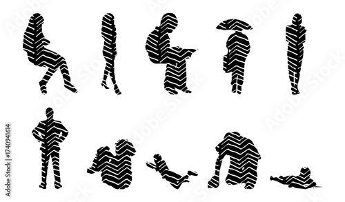 Vector illustration, Outline silhouettes of people, Contour drawing, people silhouette, Icon Set Isolated , Silhouette of sitting people, Architectural set