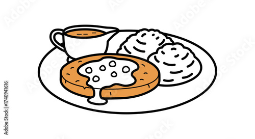 Delicious breakfast plate with biscuit gravy and mashed potatoes.