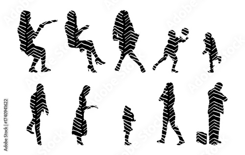 Vector illustration, Outline silhouettes of people, Contour drawing, people silhouette, Icon Set Isolated , Silhouette of sitting people, Architectural set
