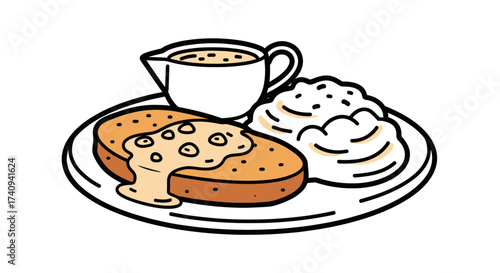 Delicious breakfast plate with toast gravy and mashed potatoes ready to eat.