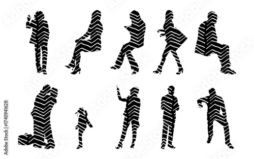 Vector illustration, Outline silhouettes of people, Contour drawing, people silhouette, Icon Set Isolated , Silhouette of sitting people, Architectural set