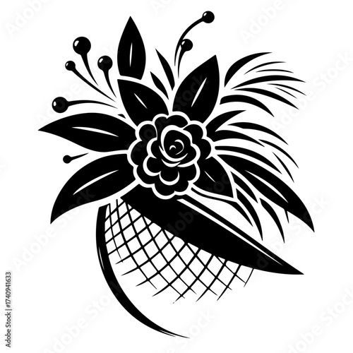 Stylized floral arrangement featuring a rose leaves berries and a net like element in black and white design