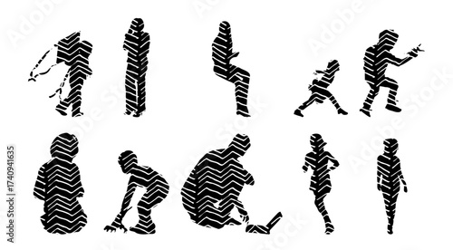 Vector illustration, Outline silhouettes of people, Contour drawing, people silhouette, Icon Set Isolated , Silhouette of sitting people, Architectural set