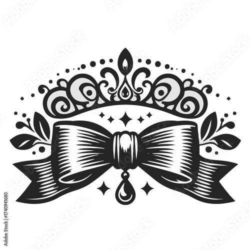 Elegant design featuring a crown above a ribbon bow with a teardrop pendant and star accents around it