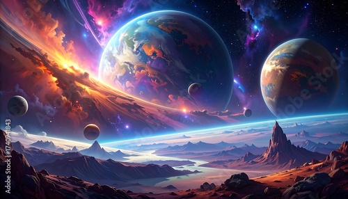 Spectacular Cosmic Landscape: Planets, Nebulae, and Alien Worlds Rendered in Detail