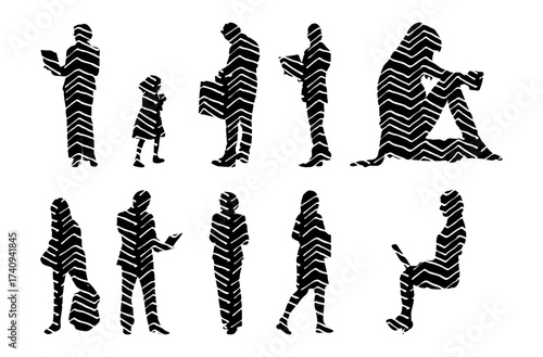 Vector illustration, Outline silhouettes of people, Contour drawing, people silhouette, Icon Set Isolated , Silhouette of sitting people, Architectural set