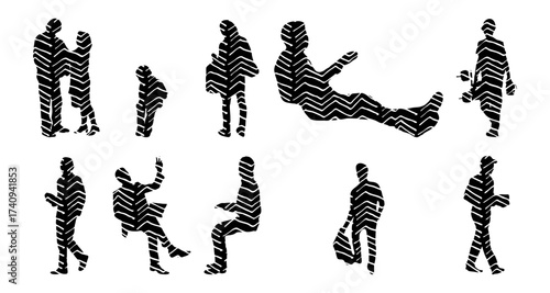 Vector illustration, Outline silhouettes of people, Contour drawing, people silhouette, Icon Set Isolated , Silhouette of sitting people, Architectural set