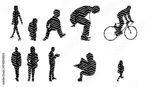 Vector illustration, Outline silhouettes of people, Contour drawing, people silhouette, Icon Set Isolated , Silhouette of sitting people, Architectural set