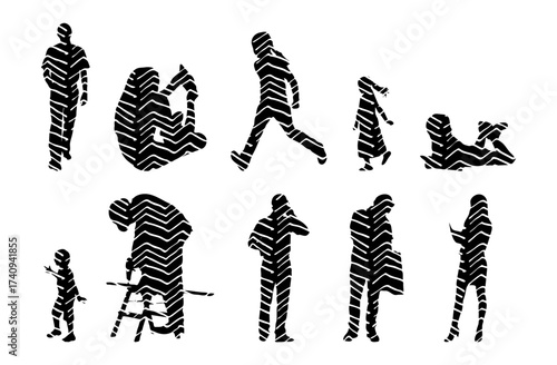 Vector illustration, Outline silhouettes of people, Contour drawing, people silhouette, Icon Set Isolated , Silhouette of sitting people, Architectural set