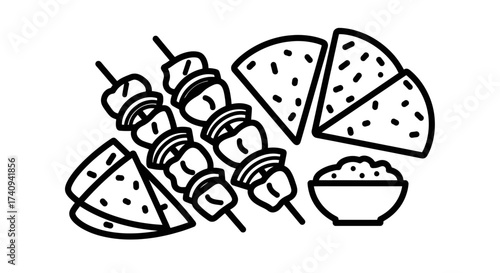 Delicious food illustration with skewers tortillas and a bowl of rice perfect for culinary projects.