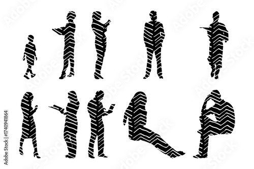 Vector illustration, Outline silhouettes of people, Contour drawing, people silhouette, Icon Set Isolated , Silhouette of sitting people, Architectural set