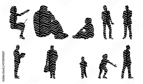 Vector illustration, Outline silhouettes of people, Contour drawing, people silhouette, Icon Set Isolated , Silhouette of sitting people, Architectural set