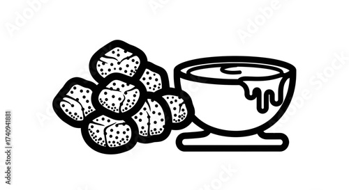 Delicious fried dough balls with a side of sweet dipping sauce.