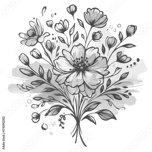 Detailed floral arrangement featuring a central blossom with surrounding leaves and smaller buds in grayscale