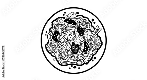 Delicious pasta dish with vegetables and toppings a culinary delight.