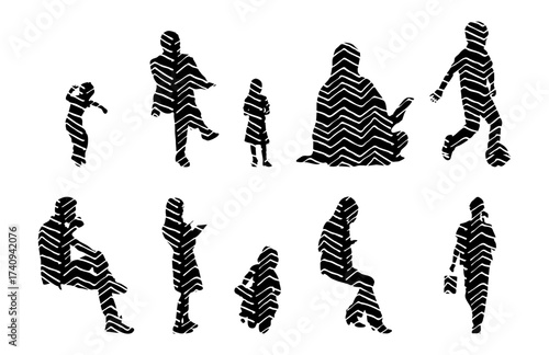 Vector illustration, Outline silhouettes of people, Contour drawing, people silhouette, Icon Set Isolated , Silhouette of sitting people, Architectural set