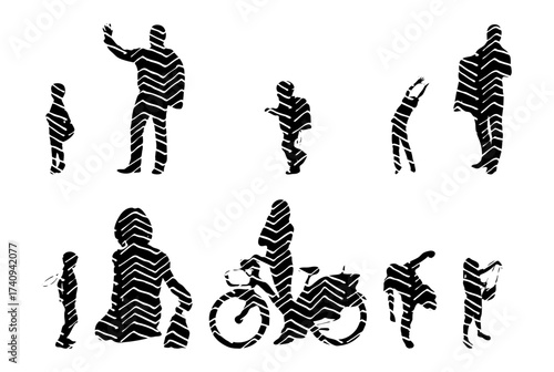 Vector illustration, Outline silhouettes of people, Contour drawing, people silhouette, Icon Set Isolated , Silhouette of sitting people, Architectural set