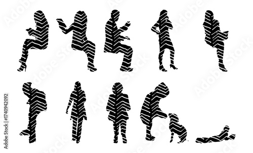 Vector illustration, Outline silhouettes of people, Contour drawing, people silhouette, Icon Set Isolated , Silhouette of sitting people, Architectural set