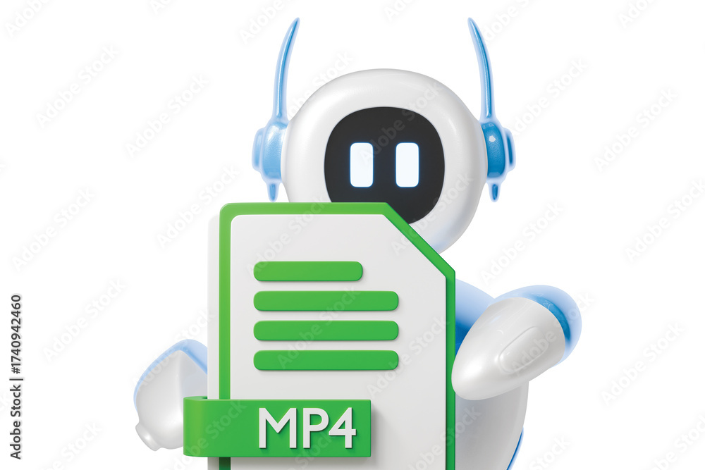 Obraz premium 3d robot holding mp4 file icon. video media concept. Minimal cartoon mp4 video file media for app banner and website header. isolated on white background. 3d render.