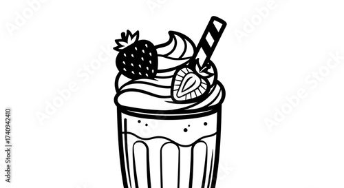 Delicious strawberry milkshake with whipped cream and a wafer stick.