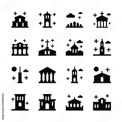 Create location silhouette vector icon set featuring buildings churches and monuments for design projects scalable eps file silhouette vector illustration white background