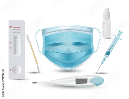First aid and diagnostic kit for medical and home use. Rapid test, mask, vaccination, temperature control. Remedies for respiratory infections. Vector used for collages in web design. Healthcare.