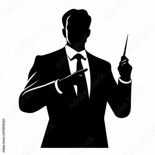 Orchestral Maestro: A silhouette of a distinguished conductor in a sharp suit, poised with baton in hand and directing with purpose. Capturing the essence of leadership and artistic control.