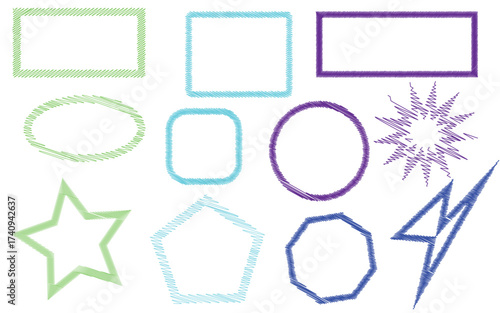 Colorful geometric shapes with scribble textures on a white isolated background