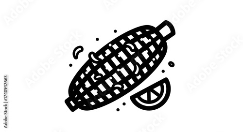 Grilled corn on the cob with lemon slice and seasoning delicious food.