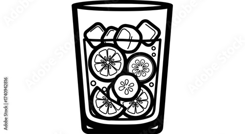 Refreshing beverage with ice and citrus slices perfect for summer.