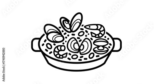 Seafood Paella Dish with Mussels and Shrimp Illustration.