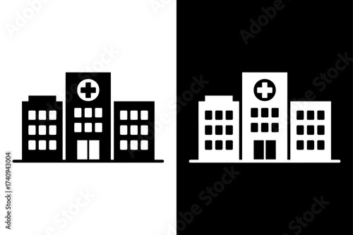 Hospital Building Icon Vector. Black Silhouette with Medical Cross Design