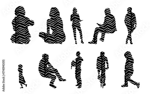 Vector illustration, Outline silhouettes of people, Contour drawing, people silhouette, Icon Set Isolated , Silhouette of sitting people, Architectural set