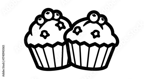 Two delicious cupcakes with blueberries and star shaped sprinkles black and white illustration.