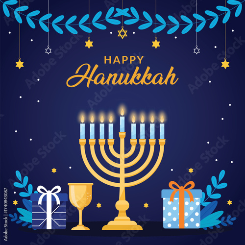 Happy Hanukkah illustration with menorah, candles, gifts, and decorations