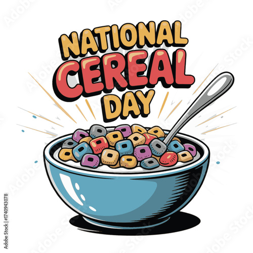 Vibrant cartoon illustration of a bowl of colorful cereal with a spoon and text breakfast food