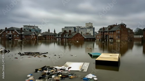 Urban Area Inundated by Floodwaters and Floating Debris.