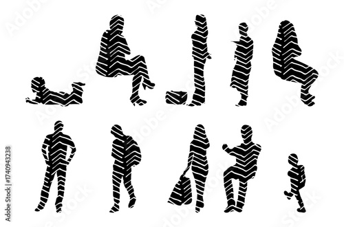 Vector illustration, Outline silhouettes of people, Contour drawing, people silhouette, Icon Set Isolated , Silhouette of sitting people, Architectural set