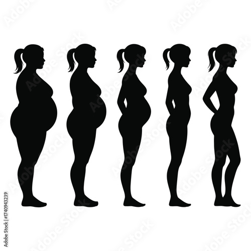 Progressive female silhouette body shape transformation illustration vector scalable eps icon set silhouette vector illustration white background
