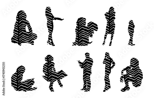 Vector illustration, Outline silhouettes of people, Contour drawing, people silhouette, Icon Set Isolated , Silhouette of sitting people, Architectural set