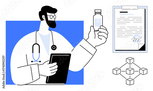 Doctor examines medication vial and tablet, medical report nearby, blockchain network symbolizing secure healthcare, innovative solutions. Ideal for healthcare, technology, innovation, data security