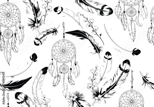 Boho dreamcatcher with feathers and flowers, black and white hand drawn vector, tribal native ornament, spiritual design, ethnic decoration, mystical illustration, tattoo